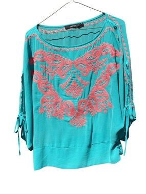 Ark & Co Women's Boho Peasant/ Dolman Blouse teal and coral blouse size M